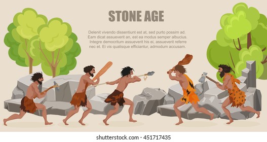 Stone age war primitive men tribes fighting. Barbarian Caveman warrior, ancient man with weapons