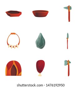 Stone age weapon icon set. Cartoon set of 9 stone age weapon vector icons for web design isolated on white background