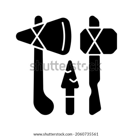 Stone age weapons black glyph icon. Hand axes, scrapers. Hunting, cutting up meat. Spears and arrows. Human tools. Hammerstones. Silhouette symbol on white space. Vector isolated illustration