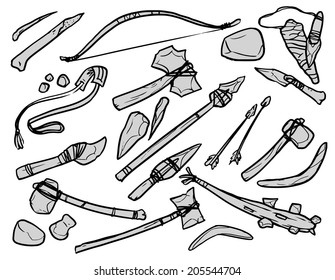 stone age weapons. black and white contour illustration