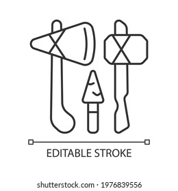 Stone age weapons linear icon. Hand axes, scrapers. Hunting, cutting up meat. Spears and arrows. Thin line customizable illustration. Contour symbol. Vector isolated outline drawing. Editable stroke