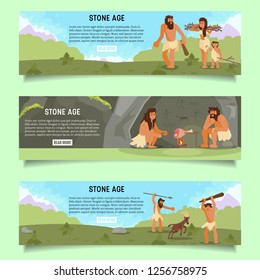 Stone age web banner template set. Vector flat illustration of cavemen primitive prehistoric people hunting, cooking meat on open fire, gathering brushwood in order to make fire.