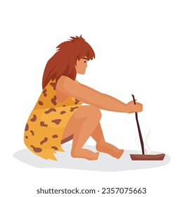 Stone age woman making fire. Primitive people light fire cartoon vector illustration