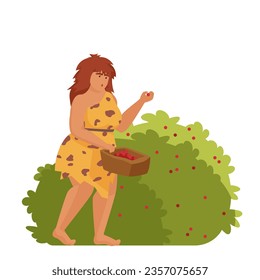 Stone age woman picking berries. Primitive food harvesting, prehistoric lifestyle cartoon vector illustration