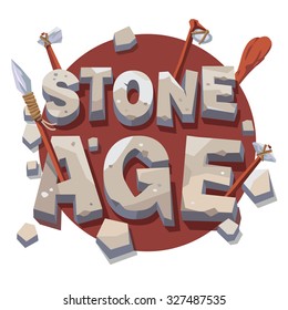 Stone age writing with prehistoric wooden tools. 3d letters. Flat style vector illustration isolated on white background.