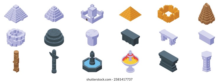  Stone altar icons set. Isometric set of ancient buildings, including mayan pyramids, castles, fountains, and columns, showcasing architectural heritage