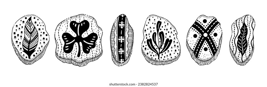 Stone amulets. Age cave pagan symbol. Abstract painting rock. Zen chinese or viking ancient fossil with footprint. Black ink pattern tattoo. Cartoon sketch hand drawn art. Mythology stone ornament