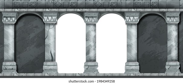 Stone ancient arch, vector castle wall, marble gray pillars, architecture facade medieval background. Classic roman column temple entrance, traditional renaissance portal. Stone arch illustration