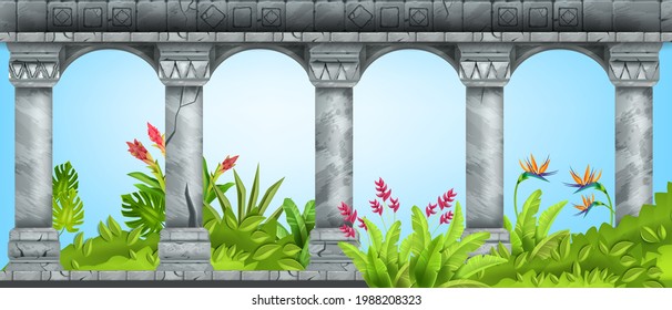 Stone ancient arch, vector marble pillar background, green tropical garden, paradise flower, bush. Old castle ruin, roman column facade illustration, nature wallpaper. Stone arch terrace, jungle leaf