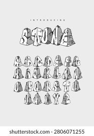 Stone: An ancient monolith font. 3D megalithic rock display typeface with prehistoric ruins cracks for rock theme branding.