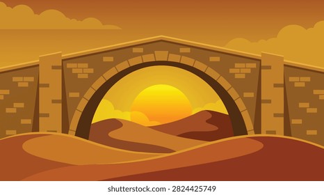 Stone Arch Bridge in Desert Sunset Landscape Vector Illustration