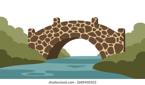 A stone arch bridge with a patterned texture crosses a body of water, surrounded by lush green foliage.