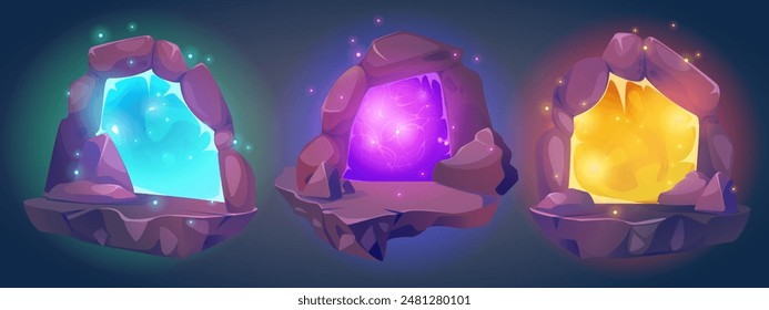 Puerta de fantasía de arco de piedra con brillo de neón mágico. Diseño de la interfaz de juego de la puerta de teletransporte. Conjunto de Ilustración vectorial de dibujos animados de viaje espacial y puerta de entrada de aventura con brillo de energía mago.