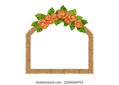 Stone arch frame with floral elegant decoration, flowers and leaves in cartoon style, border isolated on white background. 