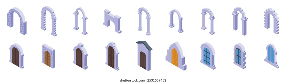 Conjunto de ícones de arco de pedra. Este conjunto de ícones isométricos de arco e porta representa entradas de todas as formas e tamanhos