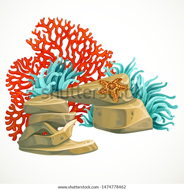 Stone arch with\
sea anemones, red corals marine object or aquarium decoration\
isolated on white\
background