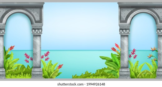 Stone arch seamless background, vector ancient Greek pillars, exotic garden flowers, plants. Classic roman column colonnade, nature landscape, palace terrace element. Stone arch outdoor illustration