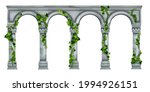 Stone arch vector illustration, marble roman antique pillar colonnade, green ivy leaves, climber plant. Ancient classic Greek column, temple entrance exterior portal. Stone arch palace vintage facade