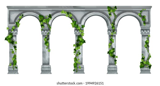 Stone arch vector illustration, marble roman antique pillar colonnade, green ivy leaves, climber plant. Ancient classic Greek column, temple entrance exterior portal. Stone arch palace vintage facade