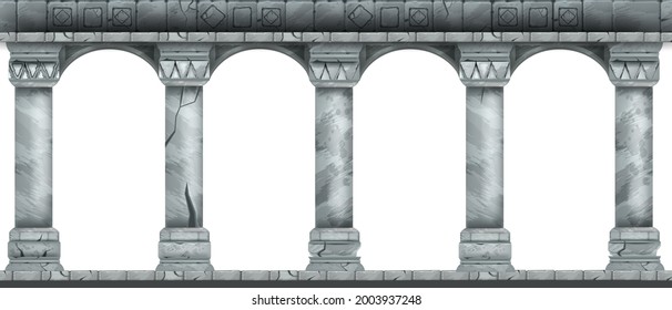 Stone arch vector illustration, marble ancient Roman colonnade, Greek antique pillars isolated on white. Classic palace column, facade portal frame, cracked vintage castle arcade. Temple stone arch 