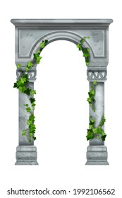 Ilustración vectorial de arco de piedra, clipart de la columna de mármol romano, hoja de hiedra verde aislada en blanco. Entrada clásica de columnas antiguas, portal vintage de palacio griego. Arco de piedra, planta asquerosa