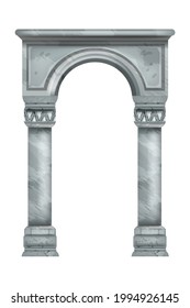 Arco de piedra, columnas romanas de mármol vectorial, antigua columna de antigüedades palaciegas aislada en blanco. Elementos decorativos de la arquitectura del templo, columnata renacentista, portal griego. Ilustración de arco de piedra