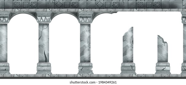 Stone arch vector seamless background, ancient Greek temple column, classic palace entrance pillar. Old antique roman broken portal, marble arcade frame. Medieval stone arch ruin isolated illustration