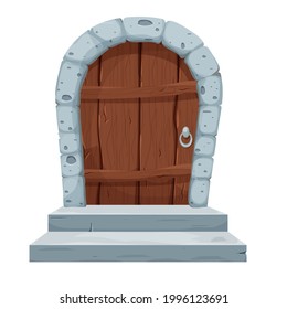 Stone arch with wooden door, castle gate in cartoon style isolated on white background. Ancient, medieval entrance. Ui asset, textured, detailed object. Vector illustration