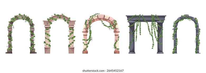 Arcos com plantas. Escalar videiras e hera, portões medievais e antigos, entradas antigas cobertas, porta de tijolos da catedral gótica com folhas, conjunto isolado vetor de arquitetura