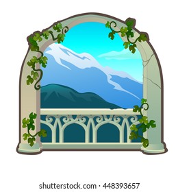 Stone archway with access to the balcony. Vector illustration.