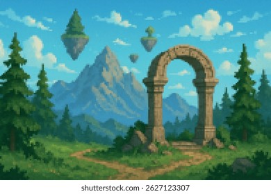 A stone archway opens to a landscape with floating islands and mountains, glowing under a bright, clear sky.