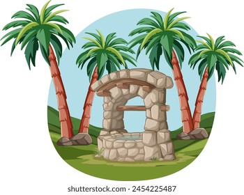 Stone archway surrounded by palm trees and grass.