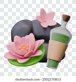Stone and aromatherapy. Realistic black stones, flower, lotus, bottle with liquid cosmetic