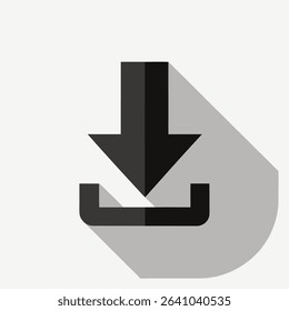 Stone arrow black sign download icon. White rounded square shape web button with drop shadow and gray reflection on white background.