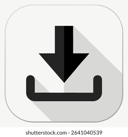 Stone arrow black sign download icon. White rounded square shape web button with drop shadow and gray reflection on white background.