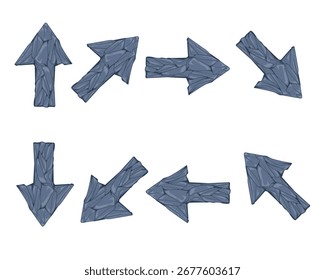 Conjunto de iconos de flecha de piedra con estilo de roca texturizada aislado en blanco, perfecto para el diseño de juegos, interfaz de fantasía, navegación de mapas, material educativo y gráficos creativos.