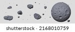 Stone asteroid belt realistic vector illustration. Meteor, space boulder or rock with craters flying in weightlessness isolated icon set on transparent background, various form