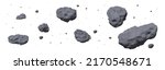 Stone asteroid belt realistic vector illustration. Meteor, space boulder or rock with craters flying in weightlessness isolated icon set on white background, various form