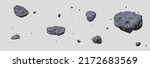 Stone asteroid belt realistic vector illustration. Meteor, space boulder or rock with craters flying in weightlessness isolated icon set on transparent background, various form