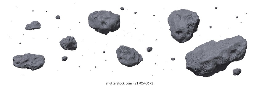 Stone asteroid belt realistic vector illustration. Meteor, space boulder or rock with craters flying in weightlessness isolated icon set on white background, various form