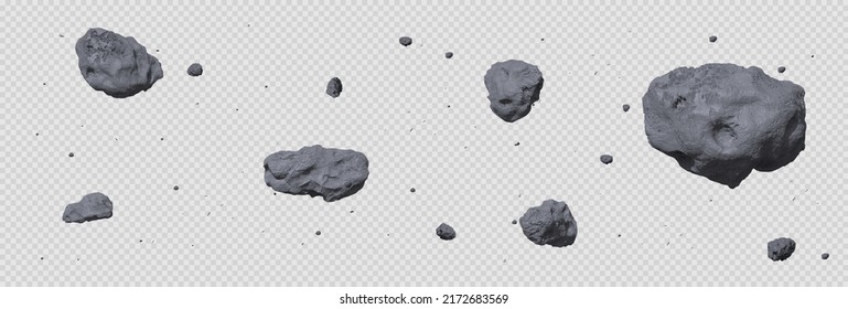 Ilustración vectorial realista del cinturón de asteroides de piedra. Meteor, roca o roca espacial con cráteres que vuelan en ingravidez icono aislado sobre fondo transparente, de varias formas