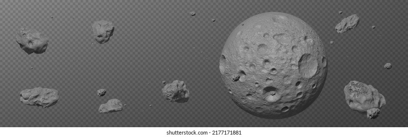 Stone asteroid belt realistic vector illustration. Meteor, space boulder or rock, moon sphere with craters flying in weightlessness isolated icon set on transparent background, various form
