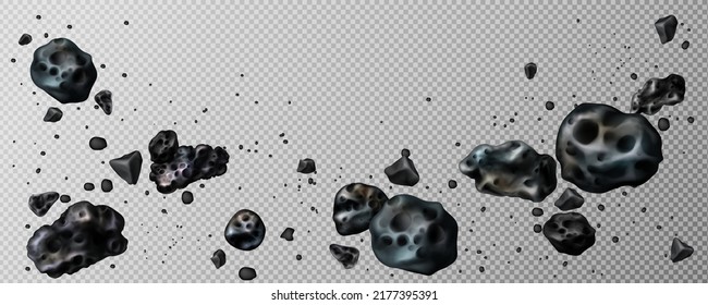 Stone asteroid belt realistic vector illustration. Meteor, space boulder or rock with craters flying in weightlessness isolated icon set on transparent background, various form