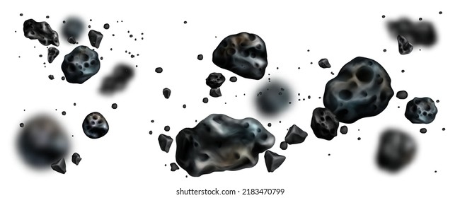 Stone asteroid belt realistic vector illustration. Meteor, space boulder or rock with craters flying in weightlessness isolated icon set on white background, various form