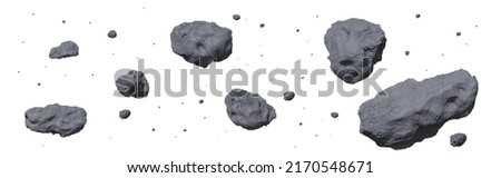 Stone asteroid belt realistic vector illustration. Meteor, space boulder or rock with craters flying in weightlessness isolated icon set on white background, various form