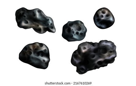 Ilustración vectorial realista de asteroides de piedra. Hombro o roca de metal o espacio con cráteres aislados icono sobre fondo blanco, de varias formas