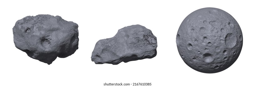 Stone asteroids realistic vector illustration. Meteor or space boulder or rock with craters isolated icon set on white background, various form