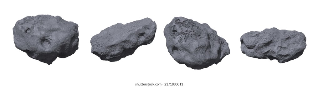 Steinasteroide realistische Vektorgrafik. Meteor- oder Weltraum-Felsen oder Felsen mit Kratern einzeln auf weißem Hintergrund, verschiedene Formen