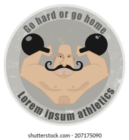 Stone Athletic Emblem With Huge, Bald, Mustached Strongman Holding Kettlebell