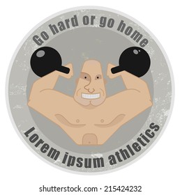 Stone athletic emblem with huge, bald strongman holding kettlebell